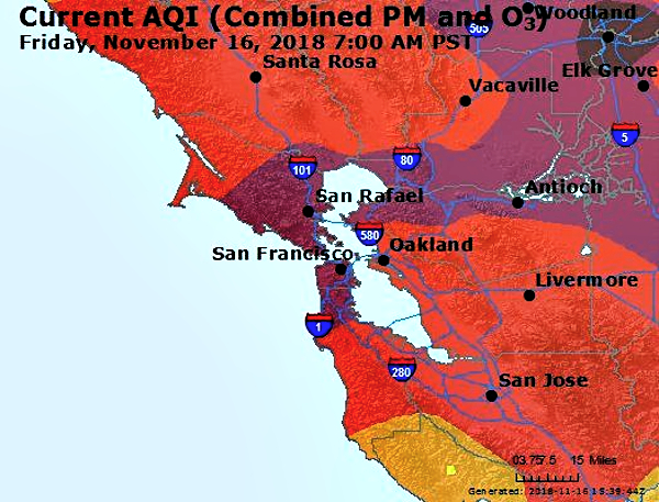 Air Quality Index (AQI) on November 16, 2018 at 7 AM PST shows poor air quality throughout the Bay Area.