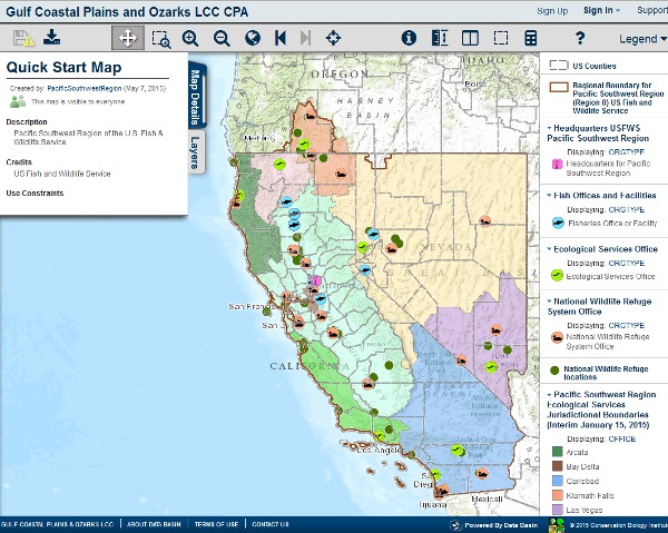 Map depicting the Pacific Southwest Region of the U.S. Fish and Wildlife. Screenshot courtesy US FWS.