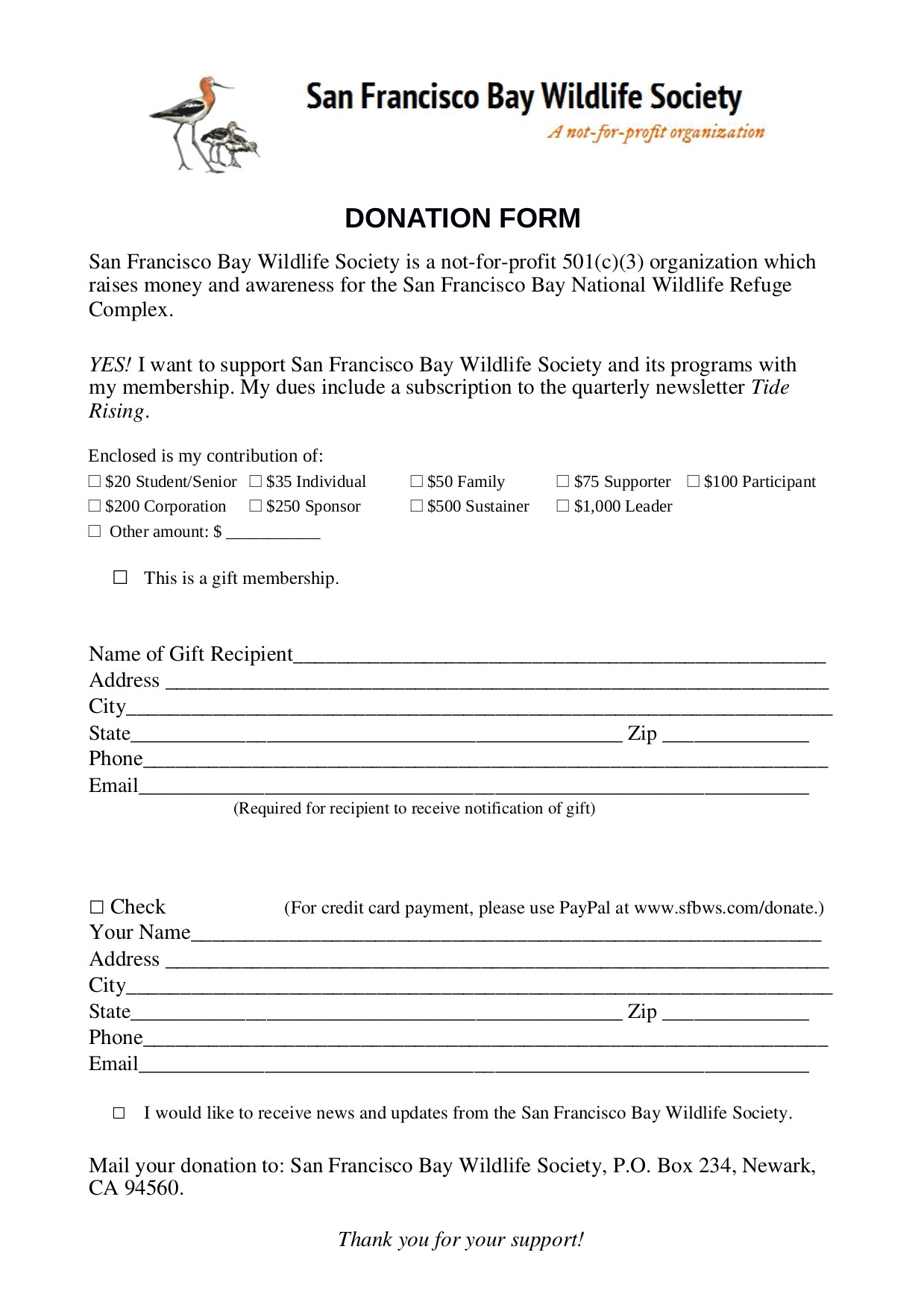 San Francisco Bay Wildlife Society Donation Form